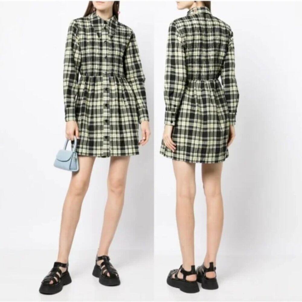 GANNI Seersucker Check Smocked Mini Dress